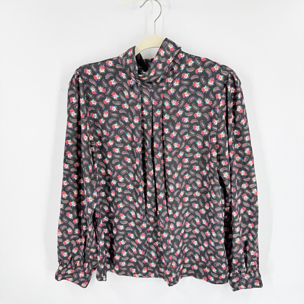 Vintage 90s Nicola Blouse Black 8 Paisley Floral Mock Neck Long Sleeve Top